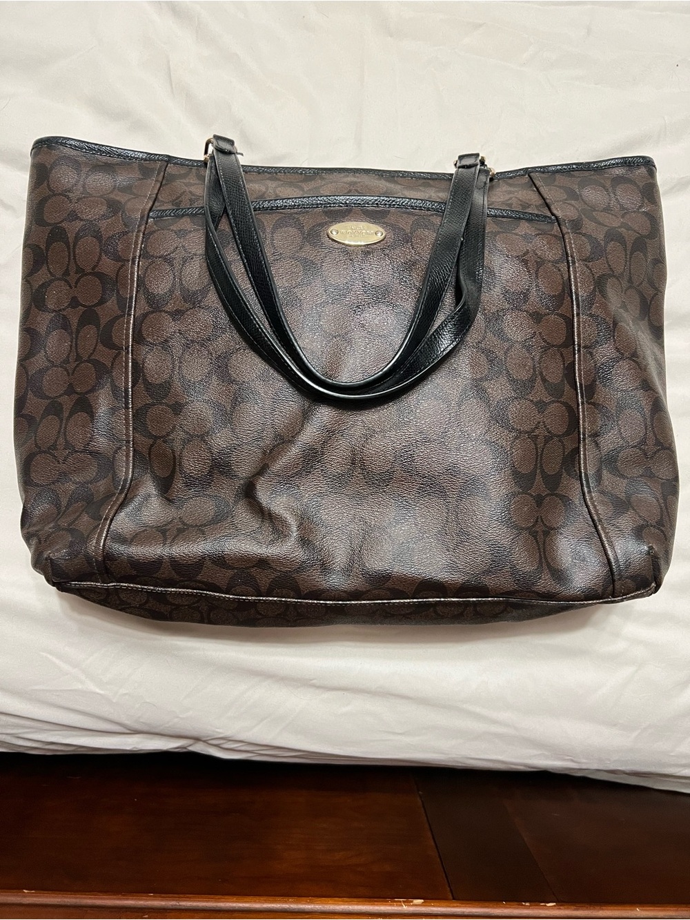 Coach Brown Signature Tote with Black Leather Straps